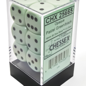 Opaque 16mm d6 Pastel Green/black Dice Block (12 dice)