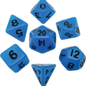 Mini Polyhedral Dice Set: Glow Blue with Black Numbers
