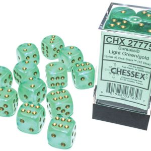 Borealis: 16mm d6 Light Green/gold Luminary Dice Block (12 dice)