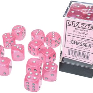 Borealis: 16mm d6 Pink/silver Luminary Dice Block (12 dice)