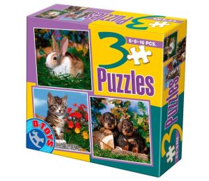 Bunny Kitten Puppies Children's Jigsaw Puzzle Animal 3-Pack